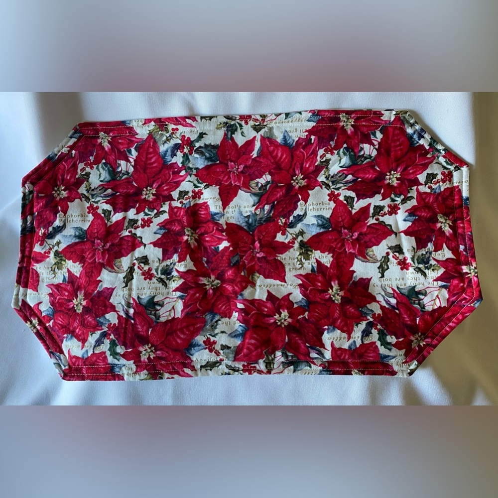 Beautiful Reversible Set of 4 Placemats Poinsettia one side Birds on other